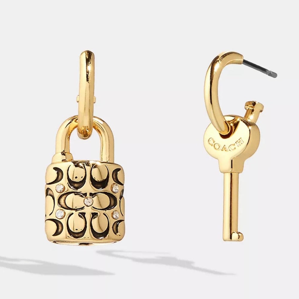 Coach Lock and Key Gold-tone Plated Brass & Crystals Quilted Mismatched Earrings